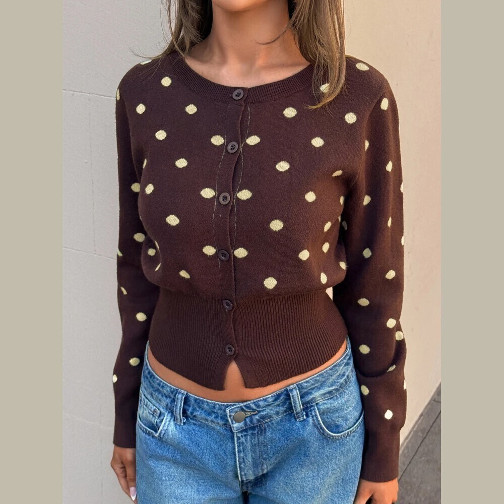 Brown Polka Dot Knit Button Front Crop Cardigan with Ribbed Trim